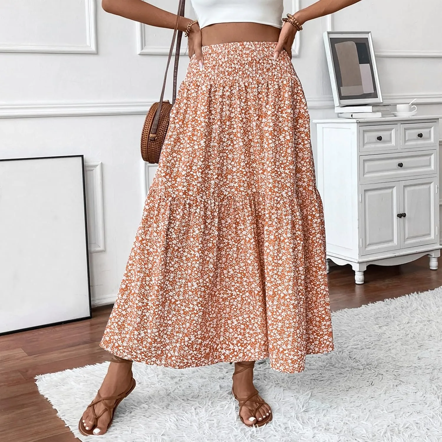 Skirts for Women Summer Comfy High Elastic Waist Maxi Skirt Casual Trendy Flowy Ruffle Printed A Line Boho Cute Skirts