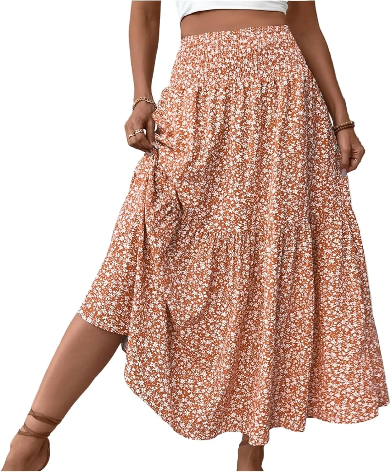 Skirts for Women Summer Comfy High Elastic Waist Maxi Skirt Casual Trendy Flowy Ruffle Printed A Line Boho Cute Skirts