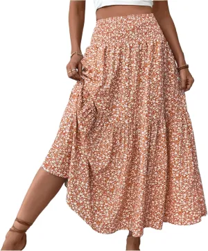 Skirts for Women Summer Comfy High Elastic Waist Maxi Skirt Casual Trendy Flowy Ruffle Printed A Line Boho Cute Skirts
