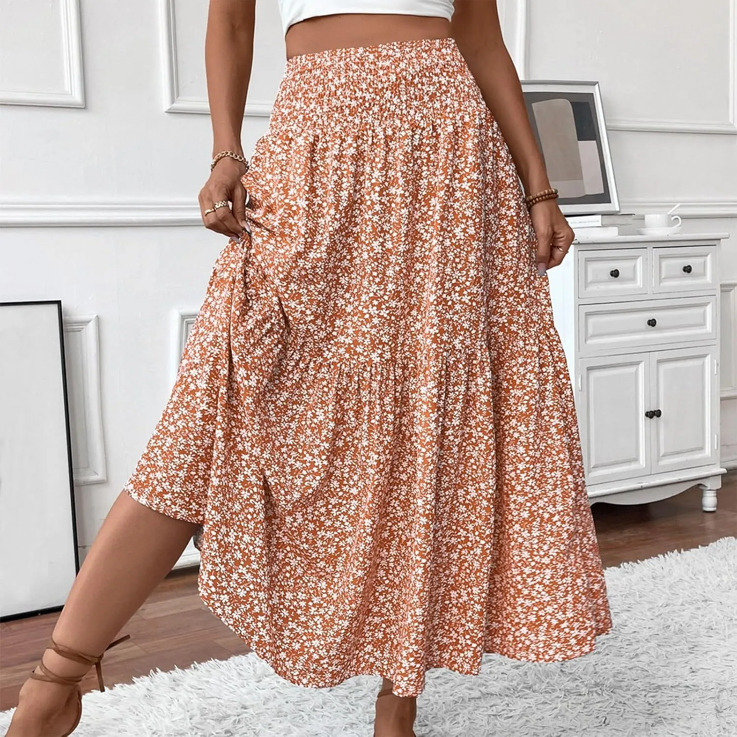 Skirts for Women Summer Comfy High Elastic Waist Maxi Skirt Casual Trendy Flowy Ruffle Printed A Line Boho Cute Skirts