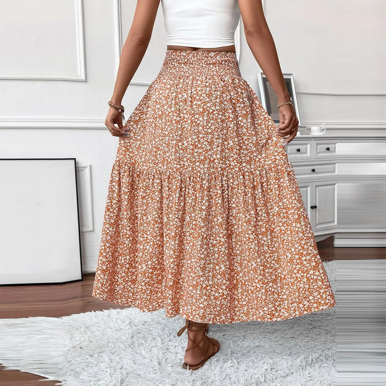 Skirts for Women Summer Comfy High Elastic Waist Maxi Skirt Casual Trendy Flowy Ruffle Printed A Line Boho Cute Skirts