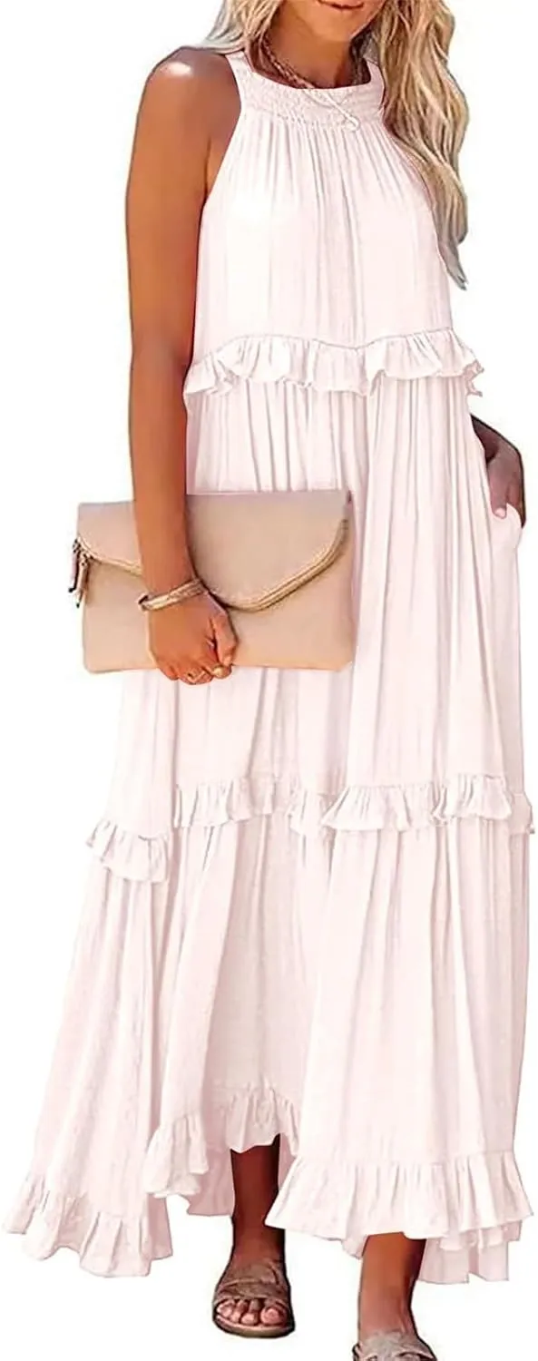 Smocked Halter Maxi Dress for Women Elegant Loose Flowy Tiered Ruffle Dress Summer Swing Beach Dresses with Pockets