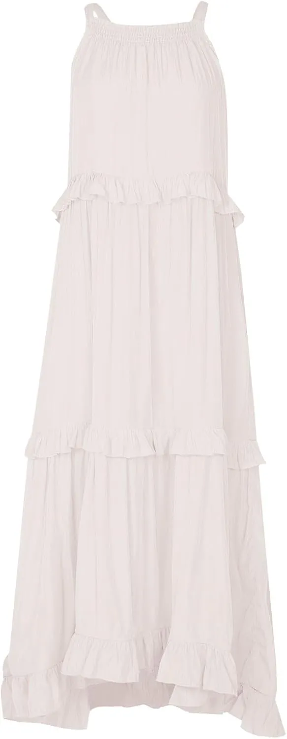 Smocked Halter Maxi Dress for Women Elegant Loose Flowy Tiered Ruffle Dress Summer Swing Beach Dresses with Pockets