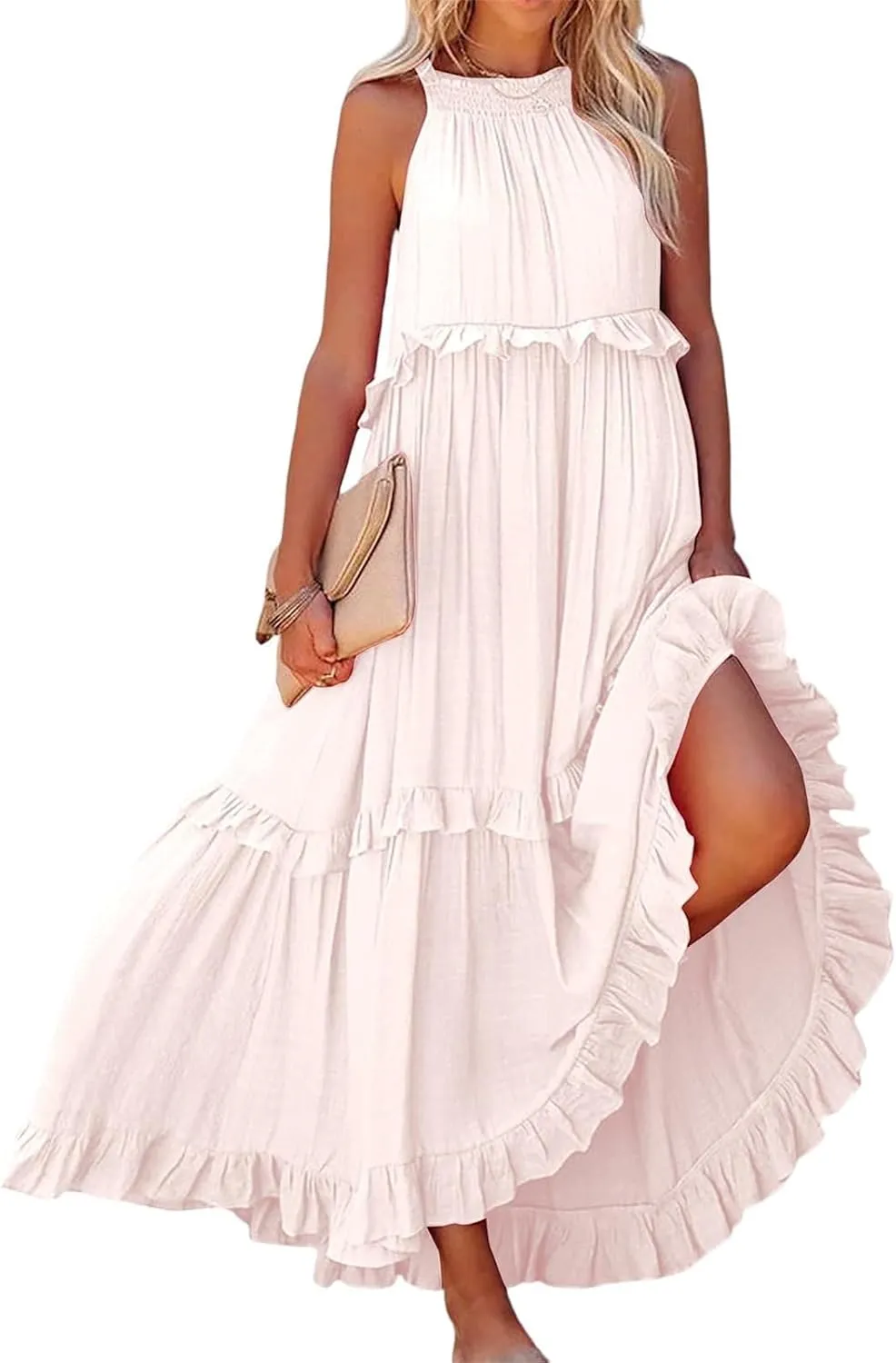 Smocked Halter Maxi Dress for Women Elegant Loose Flowy Tiered Ruffle Dress Summer Swing Beach Dresses with Pockets