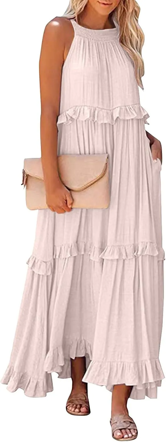 Smocked Halter Maxi Dress for Women Elegant Loose Flowy Tiered Ruffle Dress Summer Swing Beach Dresses with Pockets