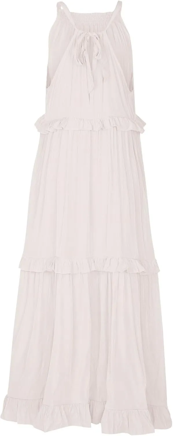 Smocked Halter Maxi Dress for Women Elegant Loose Flowy Tiered Ruffle Dress Summer Swing Beach Dresses with Pockets