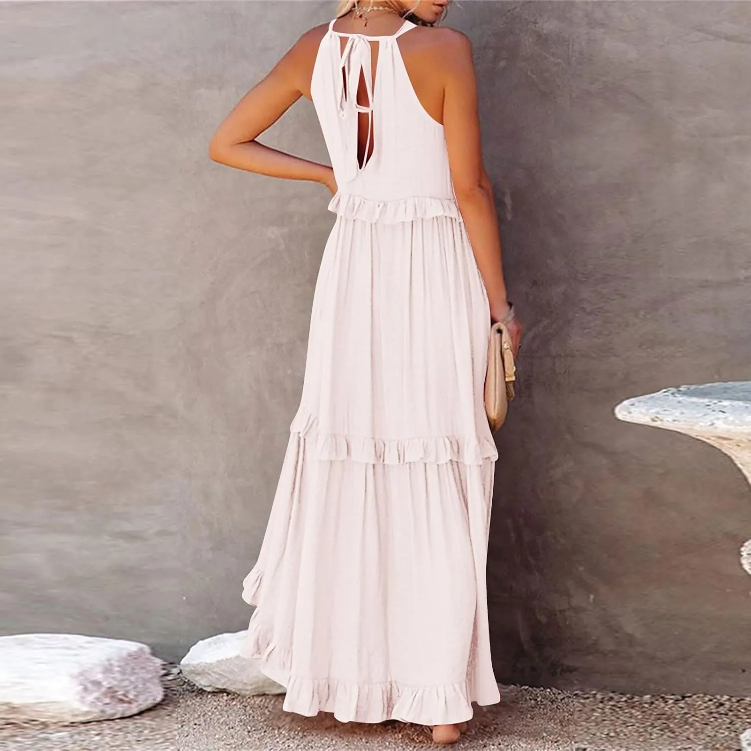 Smocked Halter Maxi Dress for Women Elegant Loose Flowy Tiered Ruffle Dress Summer Swing Beach Dresses with Pockets