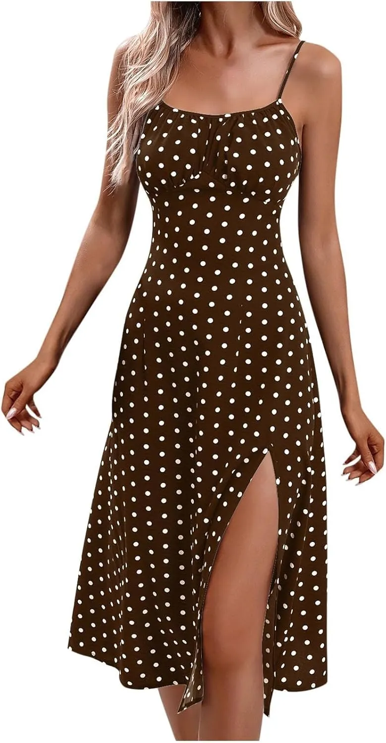 Spaghetti Strap Dresses for Women Corset Polka Dot Slim Fit Aline Midi Wedding Guest Side Slit Sundress Sexy,S-2XL