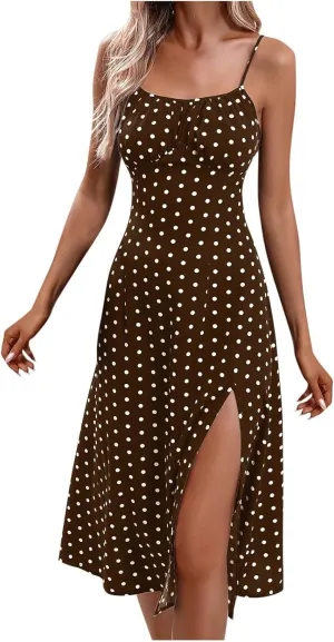 Spaghetti Strap Dresses for Women Corset Polka Dot Slim Fit Aline Midi Wedding Guest Side Slit Sundress Sexy,S-2XL