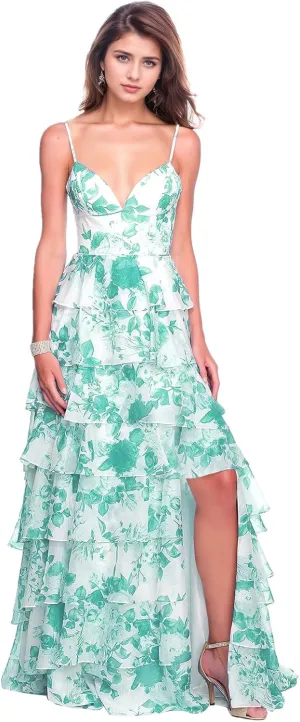Spaghetti Straps Floral Prom Dresses V-Neck A Line Tiered Ball Gown Chiffon Formal Evening Dress for Women