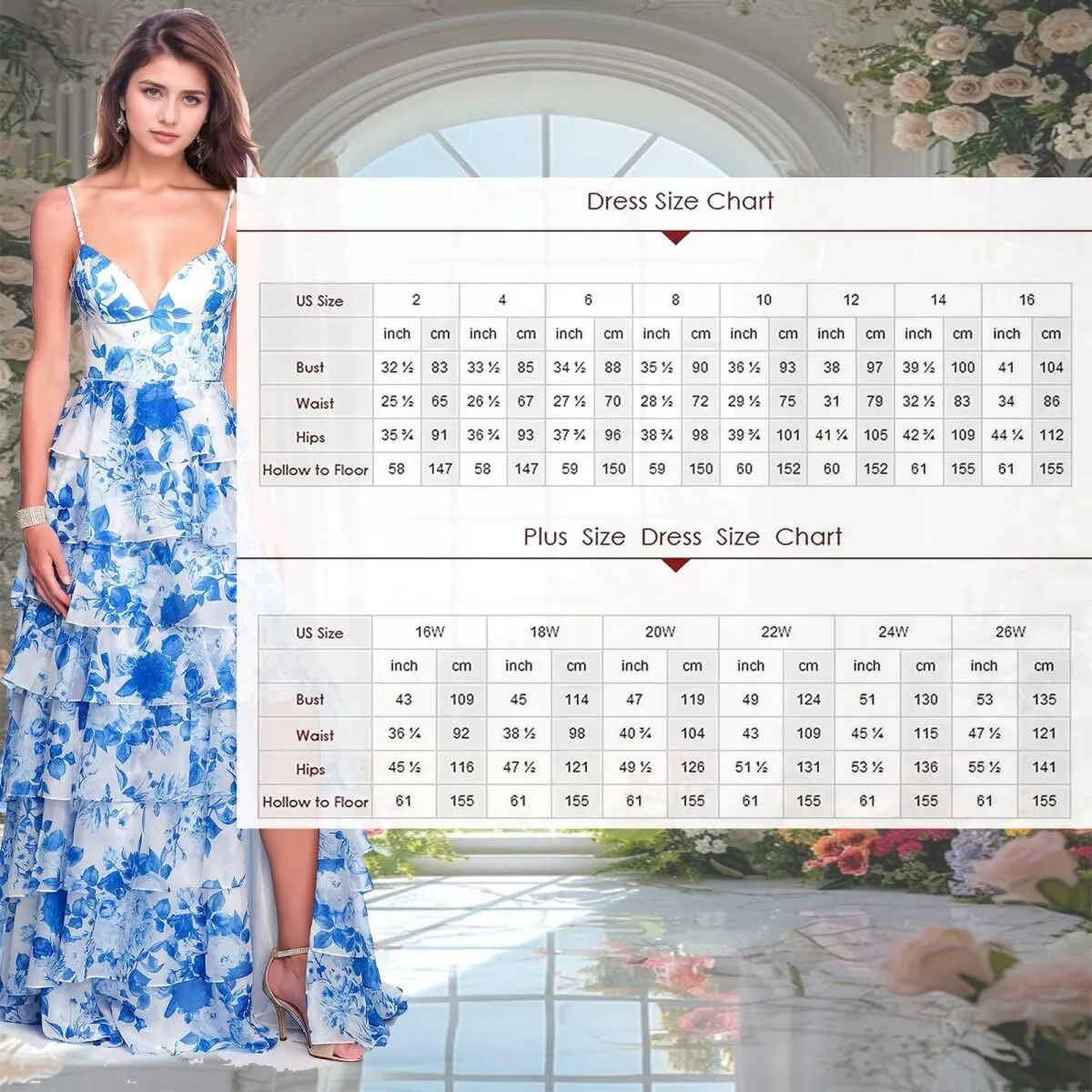 Spaghetti Straps Floral Prom Dresses V-Neck A Line Tiered Ball Gown Chiffon Formal Evening Dress for Women