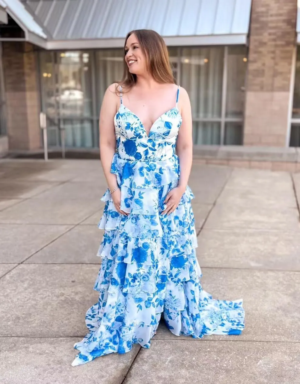 Spaghetti Straps Floral Prom Dresses V-Neck A Line Tiered Ball Gown Chiffon Formal Evening Dress for Women