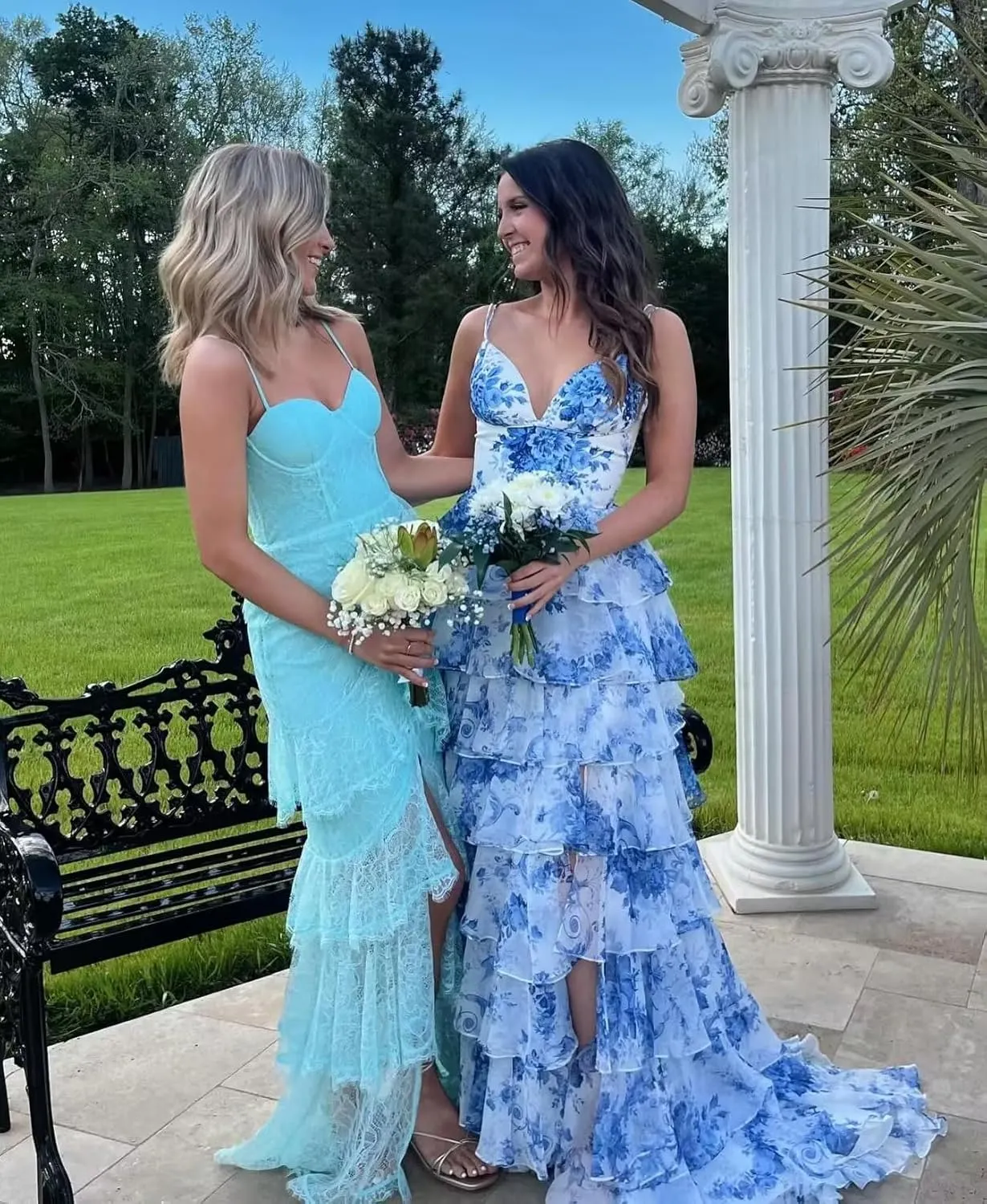 Spaghetti Straps Floral Prom Dresses V-Neck A Line Tiered Ball Gown Chiffon Formal Evening Dress for Women