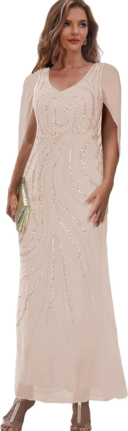 Sparkly Mother of The Bride Dresses for Women Mermaid Formal Dress with Cape Tea Length Evening Gown
