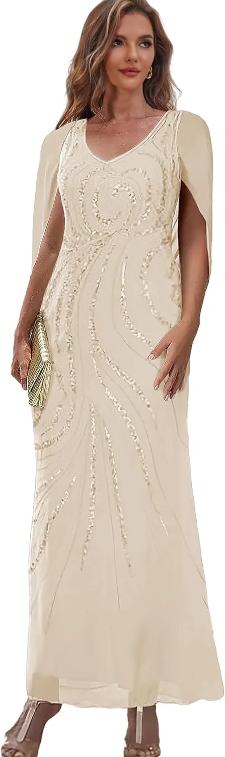Sparkly Mother of The Bride Dresses for Women Mermaid Formal Dress with Cape Tea Length Evening Gown