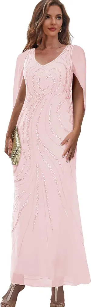 Sparkly Mother of The Bride Dresses for Women Mermaid Formal Dress with Cape Tea Length Evening Gown