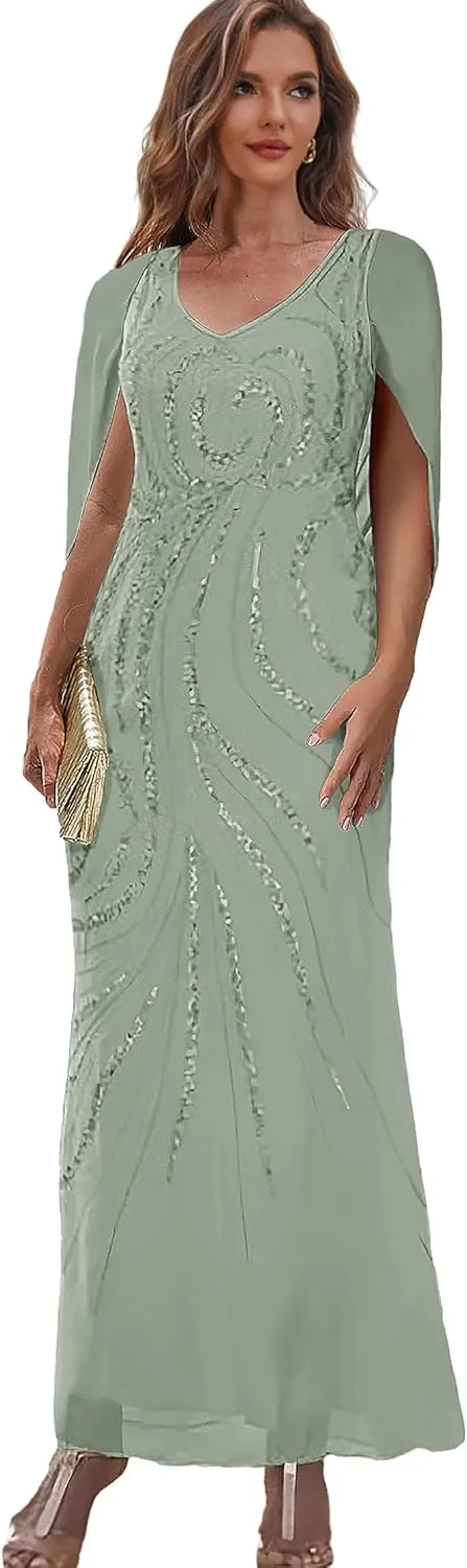 Sparkly Mother of The Bride Dresses for Women Mermaid Formal Dress with Cape Tea Length Evening Gown
