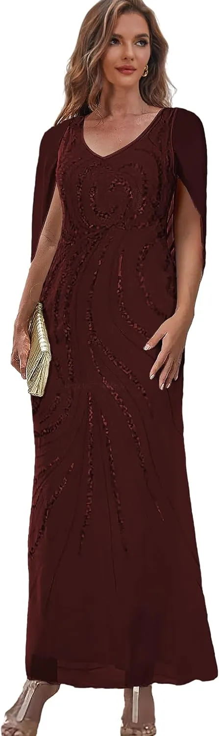 Sparkly Mother of The Bride Dresses for Women Mermaid Formal Dress with Cape Tea Length Evening Gown