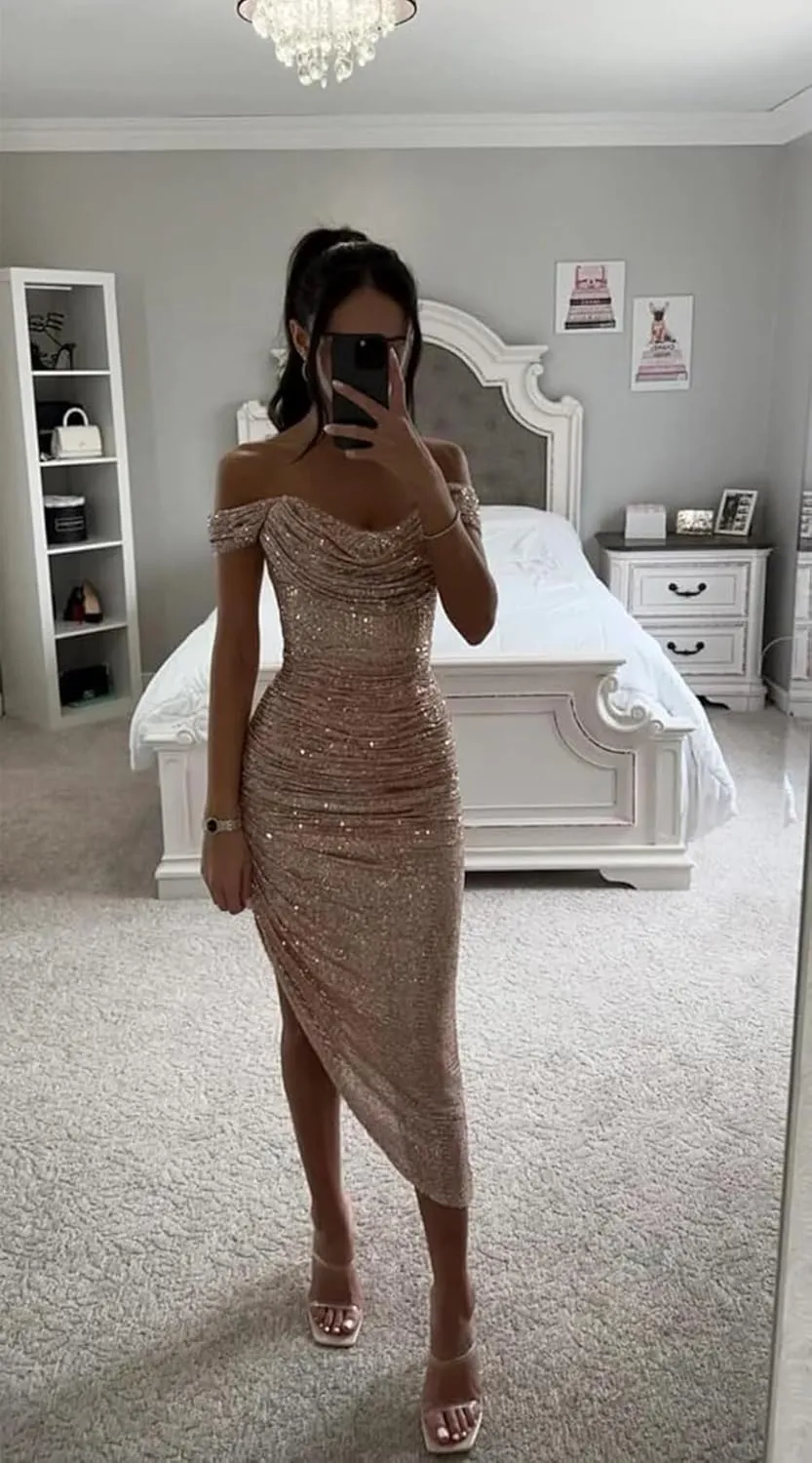 Sparkly Sequin Prom Dresses 2024 Off The Shoulder Short Tight Homecoming Dress for Teens MR73