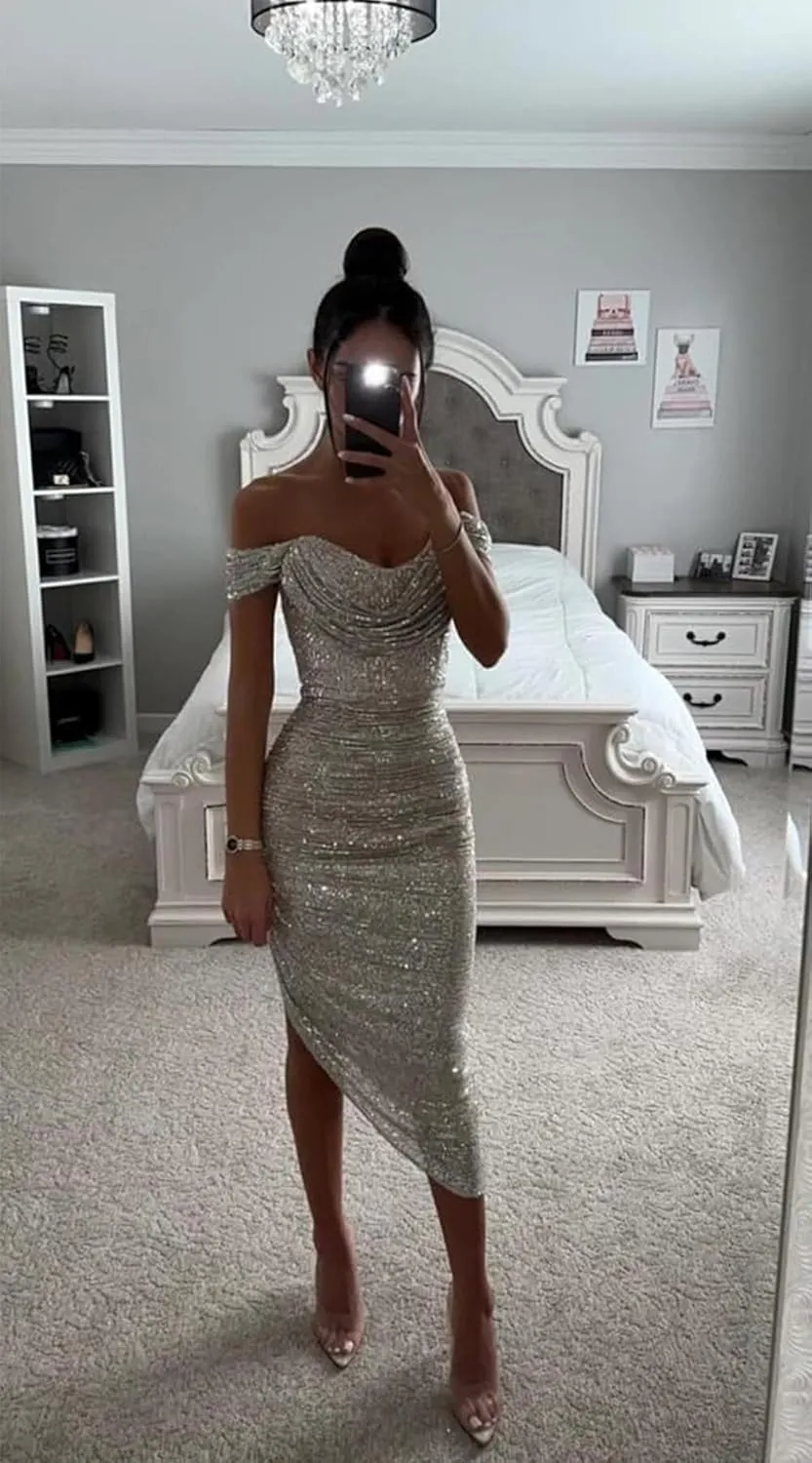 Sparkly Sequin Prom Dresses 2024 Off The Shoulder Short Tight Homecoming Dress for Teens MR73