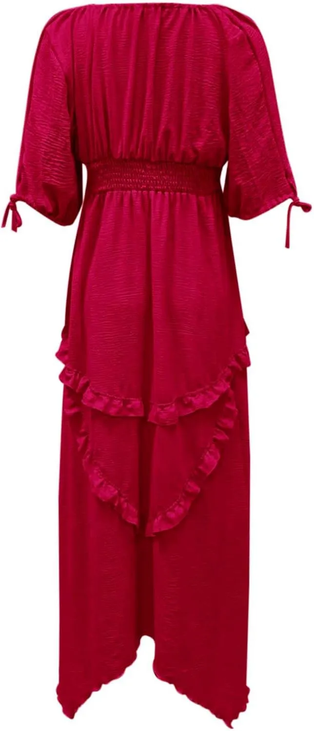 Spring Dresses for Women 2025, Women's Boho Lantern Sleeve Square Neck Smocked High Waist Flowy A Line Ruffle Hem Maxi Dress