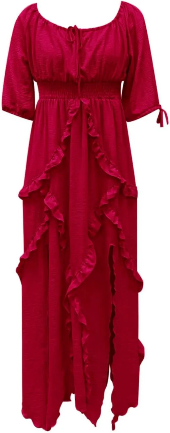 Spring Dresses for Women 2025, Women's Boho Lantern Sleeve Square Neck Smocked High Waist Flowy A Line Ruffle Hem Maxi Dress