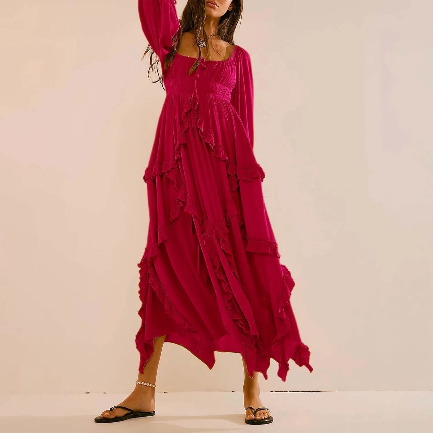 Spring Dresses for Women 2025, Women's Boho Lantern Sleeve Square Neck Smocked High Waist Flowy A Line Ruffle Hem Maxi Dress