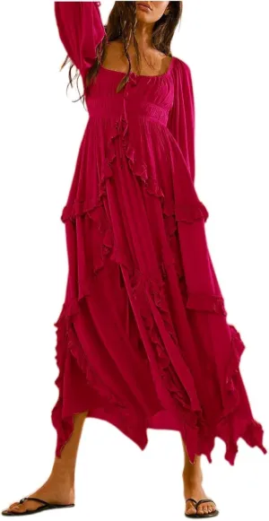 Spring Dresses for Women 2025, Women's Boho Lantern Sleeve Square Neck Smocked High Waist Flowy A Line Ruffle Hem Maxi Dress