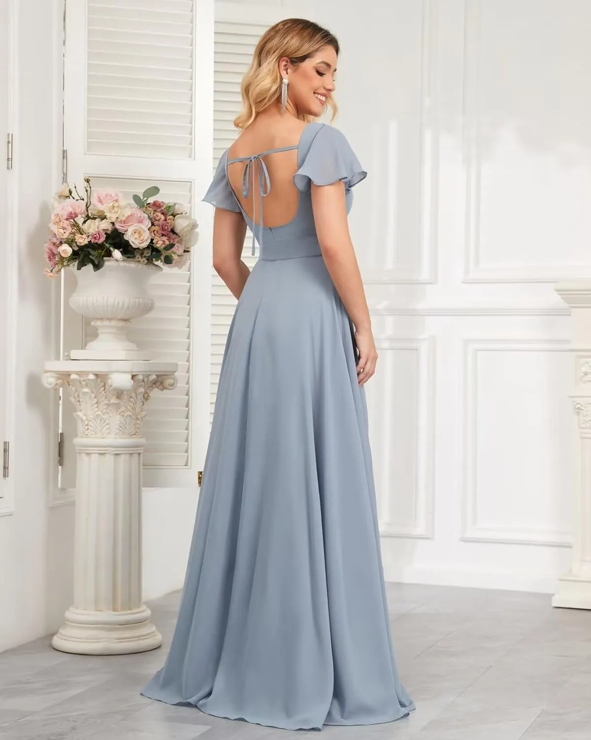 Square Neck Bridesmaid Dresses for Women Long Ruffle Sleeve High Low Formal Evening Dress with Slit