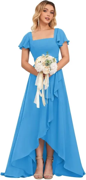 Square Neck Bridesmaid Dresses for Women Long Ruffle Sleeve High Low Formal Evening Dress with Slit