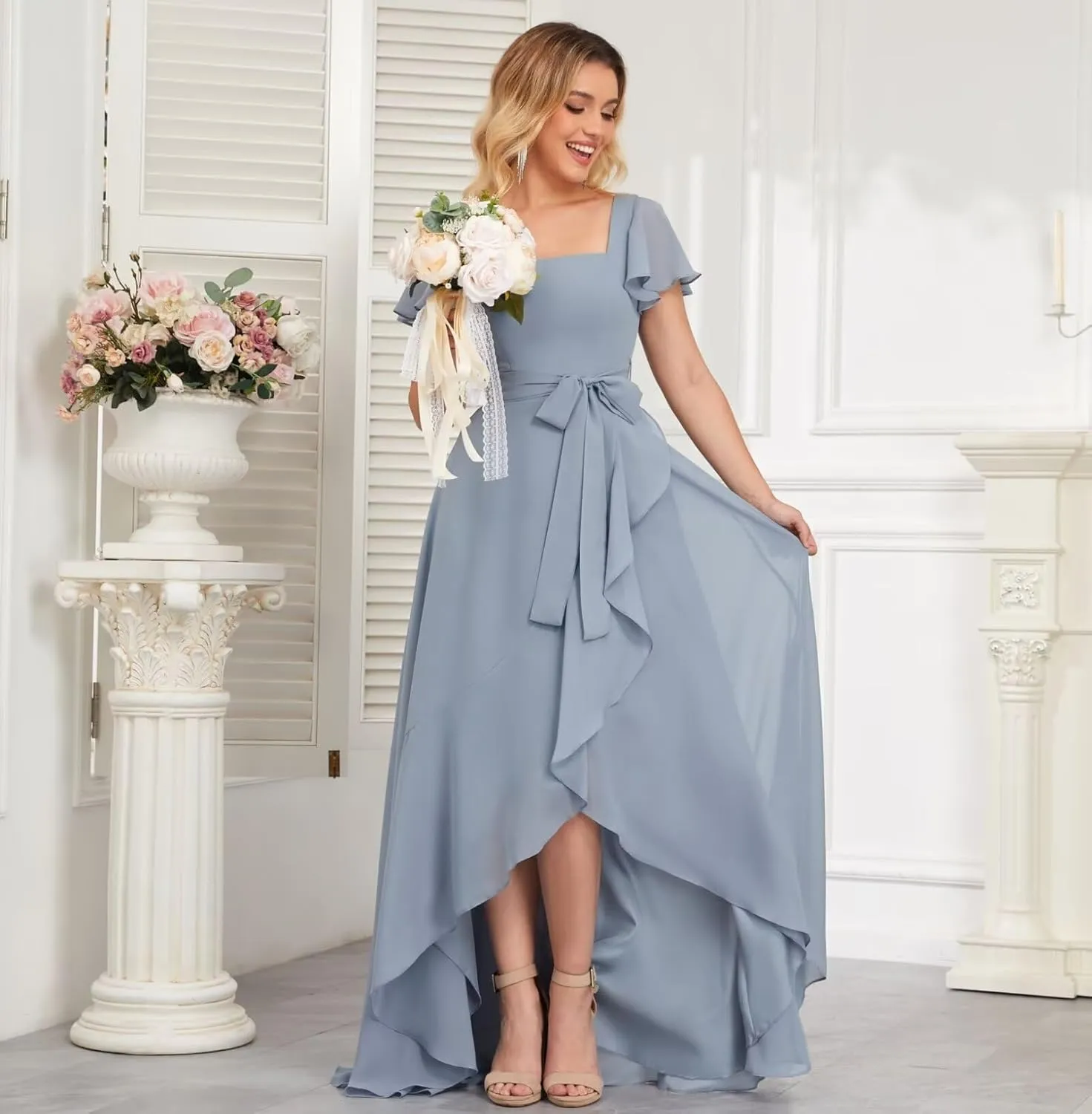 Square Neck Bridesmaid Dresses for Women Long Ruffle Sleeve High Low Formal Evening Dress with Slit