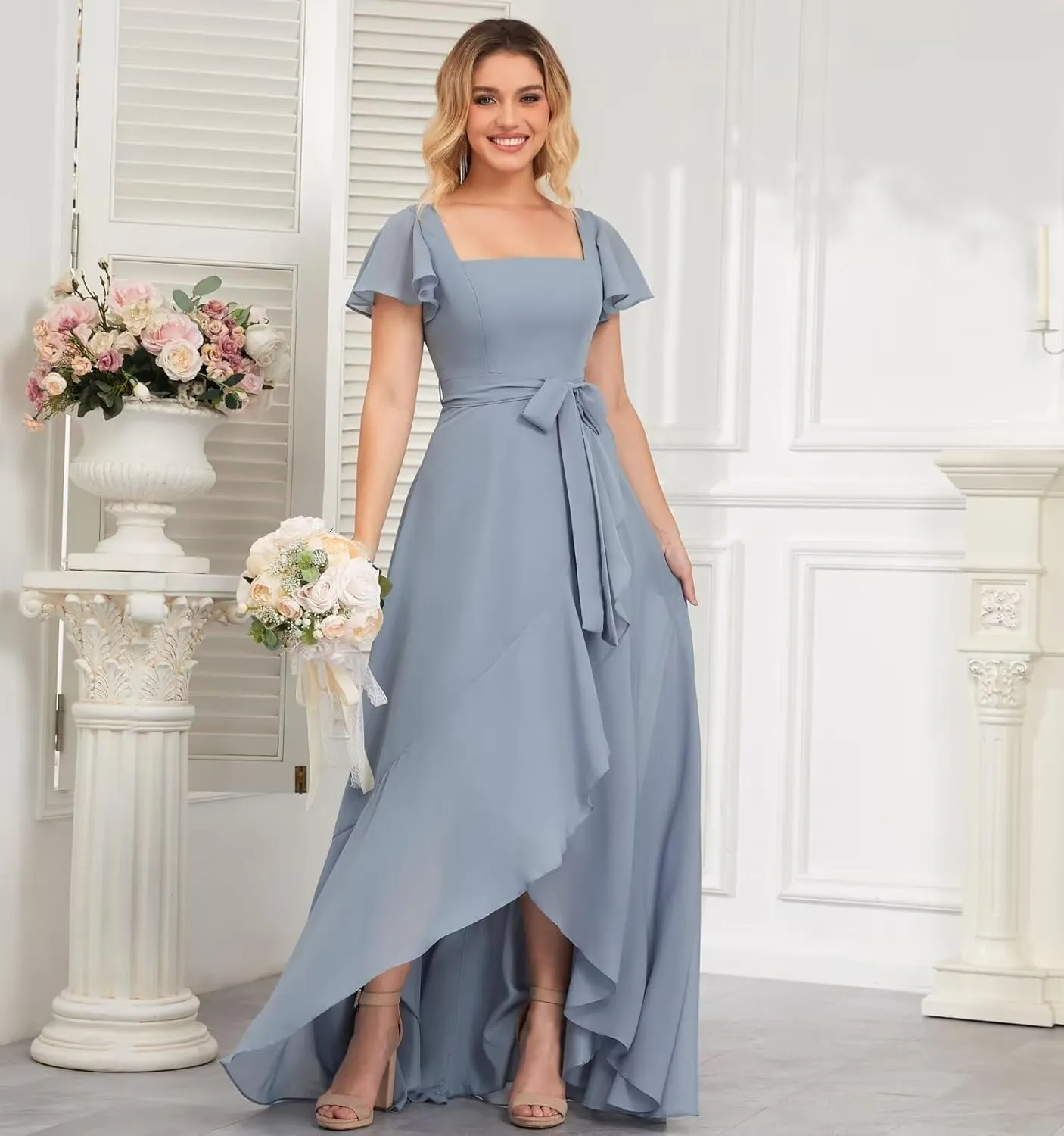 Square Neck Bridesmaid Dresses for Women Long Ruffle Sleeve High Low Formal Evening Dress with Slit