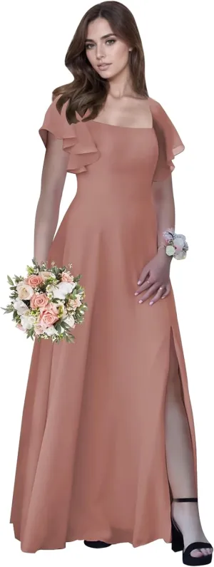 Square Neck Chiffon Bridesmaid Dresses with Ruffle Sleeves Split Long Formal Evening Gowns for Women