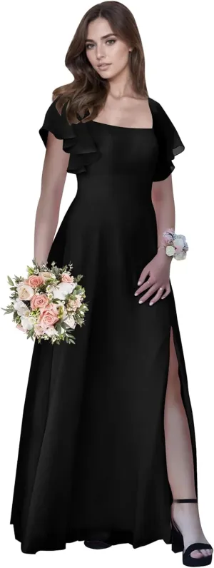 Square Neck Chiffon Bridesmaid Dresses with Ruffle Sleeves Split Long Formal Evening Gowns for Women