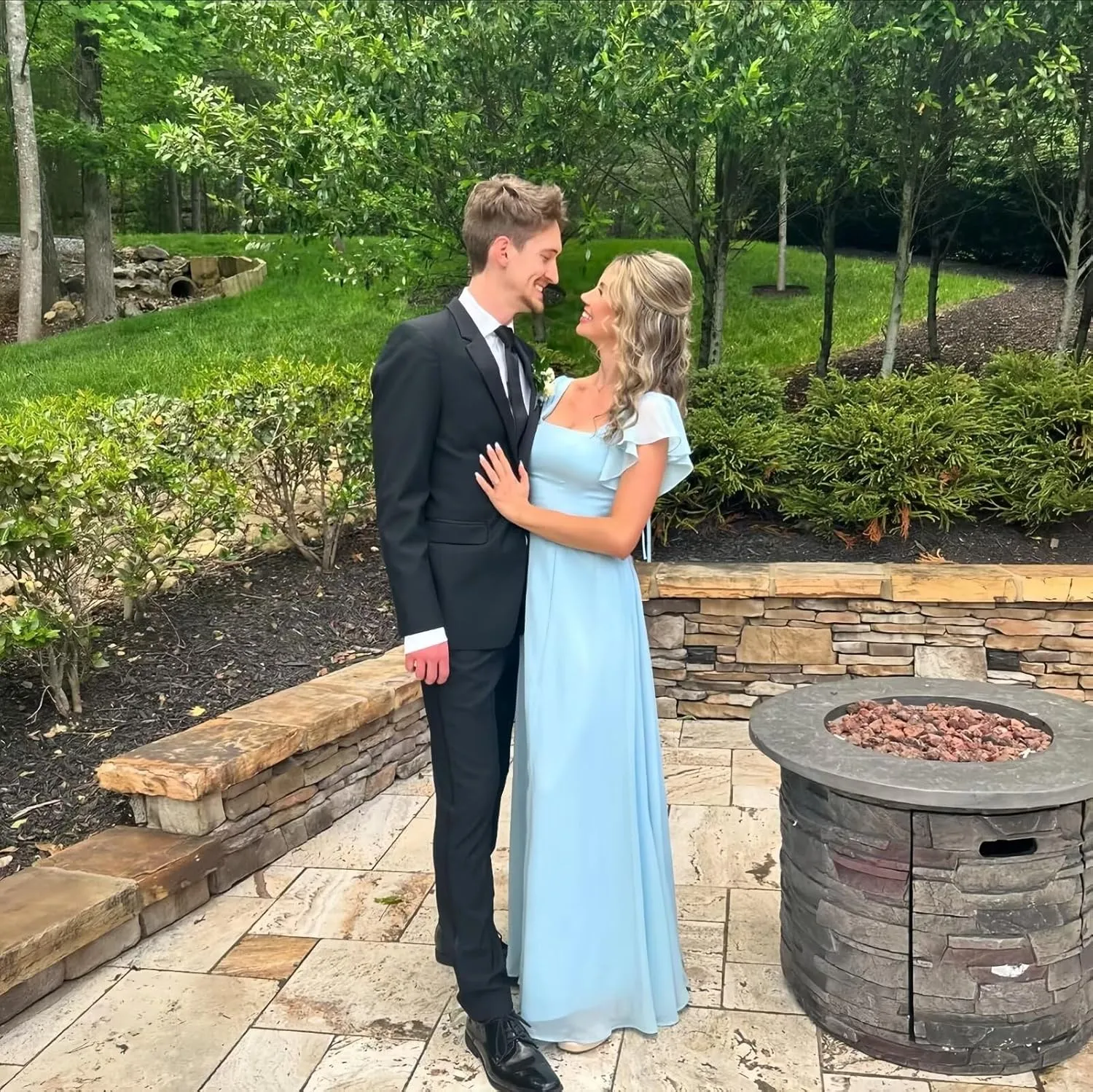 Square Neck Chiffon Bridesmaid Dresses with Ruffle Sleeves Split Long Formal Evening Gowns for Women