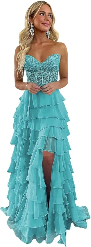 Strapless Lace Applique Prom Dresses 2025 for Women Tiered Ruffles Chiffon Long Formal Evening Gowns with Slit