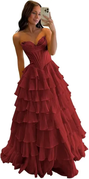 Strapless Prom Dresses 2025 Corset Evening Party Dress for Women Tiered Ruffle Long Ball Gown with Slit
