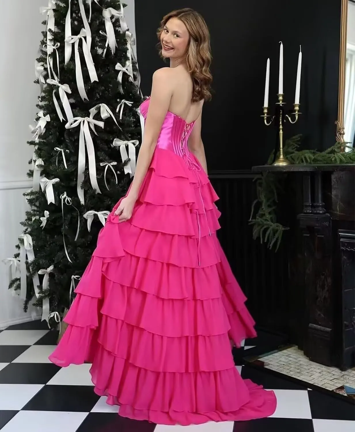 Strapless Prom Dresses 2025 Corset Evening Party Dress for Women Tiered Ruffle Long Ball Gown with Slit