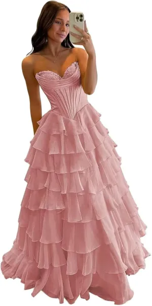 Strapless Prom Dresses 2025 Corset Evening Party Dress for Women Tiered Ruffle Long Ball Gown with Slit