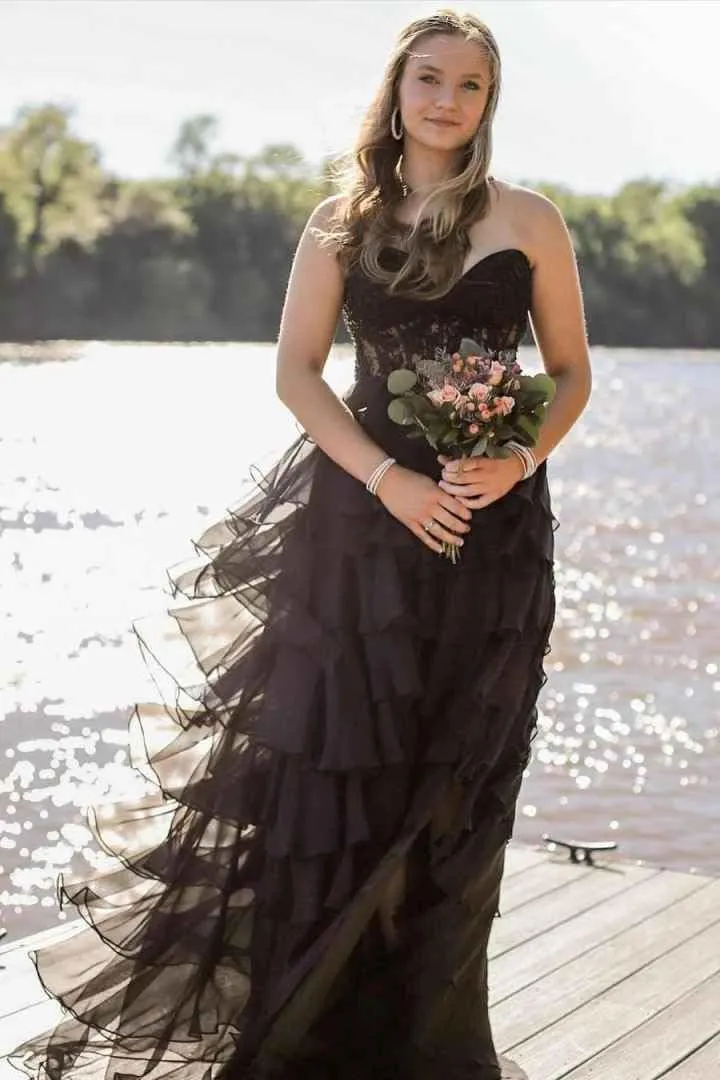 Strapless Prom Dresses for Women Lace Evening Gown Tiered Formal Dress with Slit