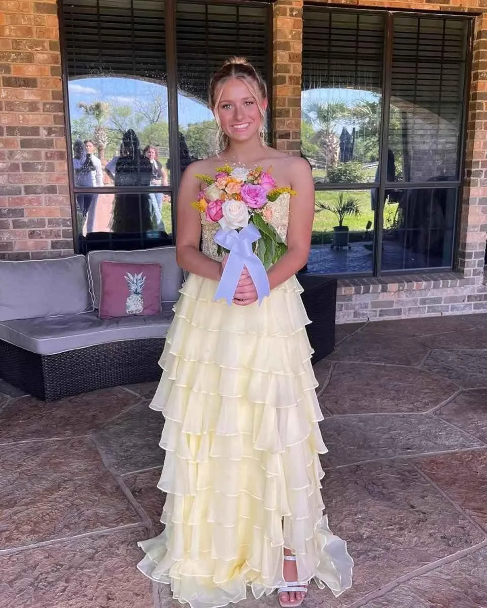 Strapless Prom Dresses for Women Lace Evening Gown Tiered Formal Dress with Slit