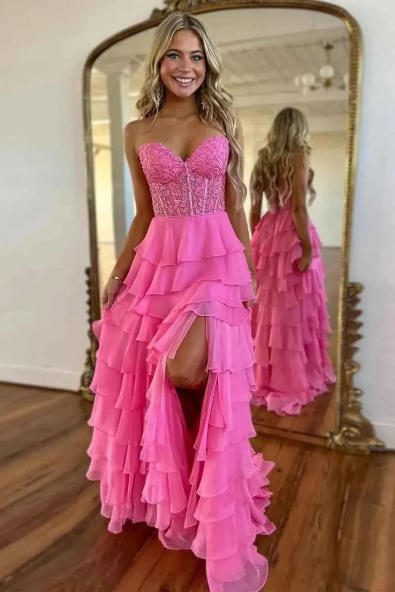 Strapless Prom Dresses for Women Lace Evening Gown Tiered Formal Dress with Slit