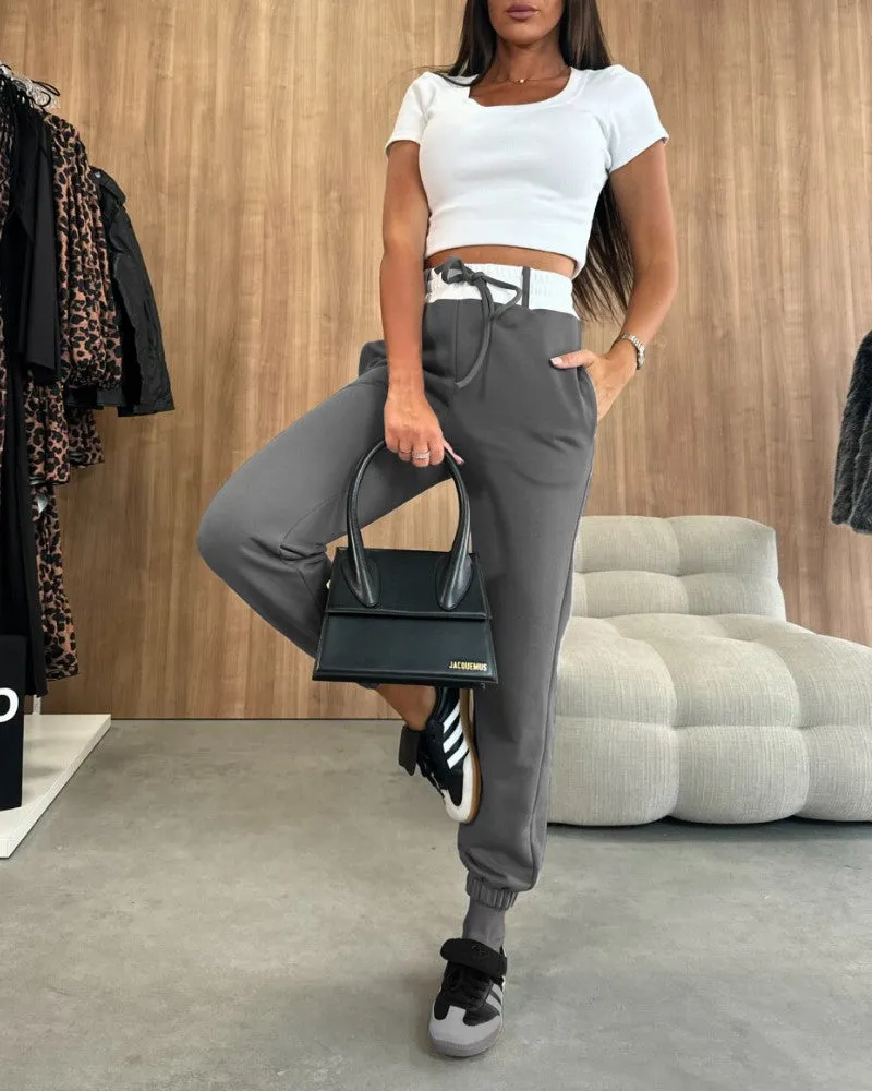 Stretchy Waist Pocket Design Cuffed Sweatpants