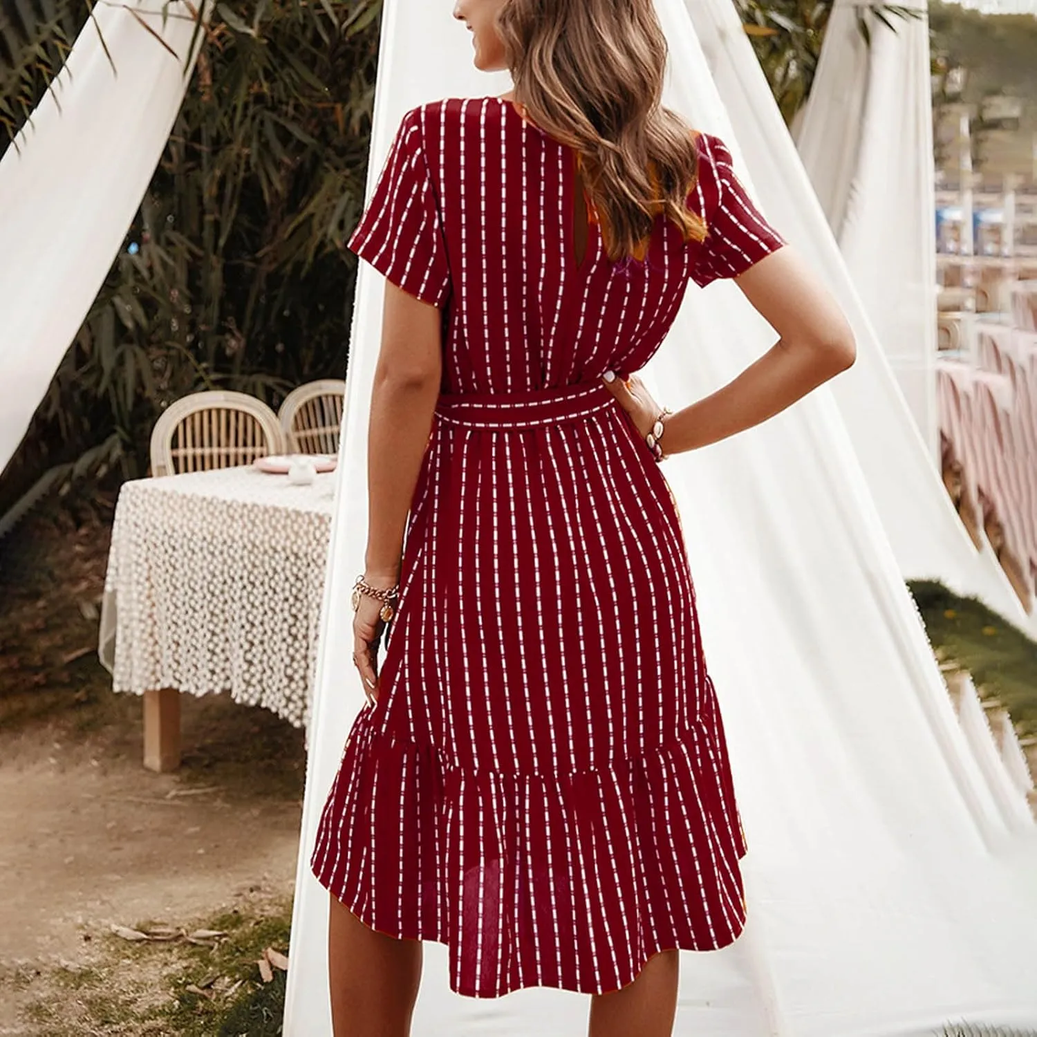 Striped Chiffon Midi Dress for Women Short Sleeve V-Neck Tie Waist Dresses Summer Casual Business Work Office Dress