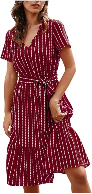 Striped Chiffon Midi Dress for Women Short Sleeve V-Neck Tie Waist Dresses Summer Casual Business Work Office Dress