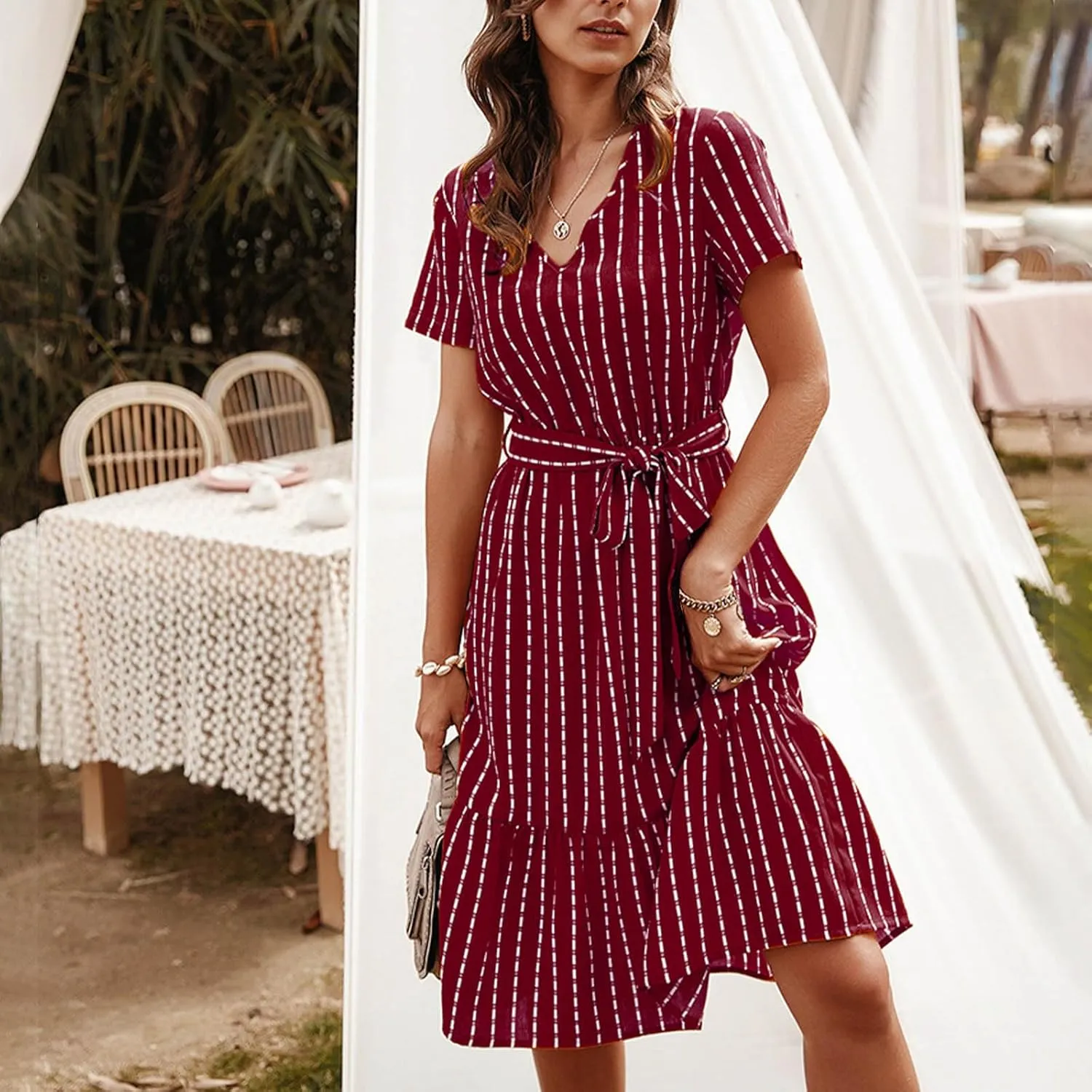 Striped Chiffon Midi Dress for Women Short Sleeve V-Neck Tie Waist Dresses Summer Casual Business Work Office Dress