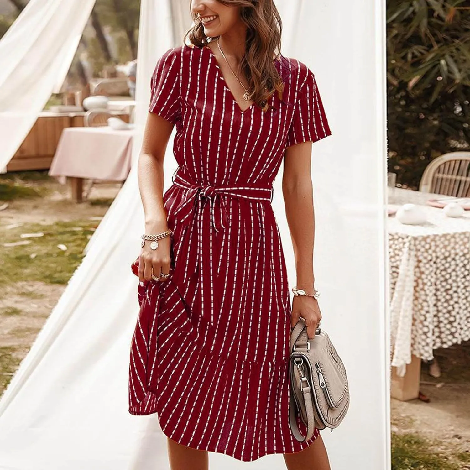 Striped Chiffon Midi Dress for Women Short Sleeve V-Neck Tie Waist Dresses Summer Casual Business Work Office Dress