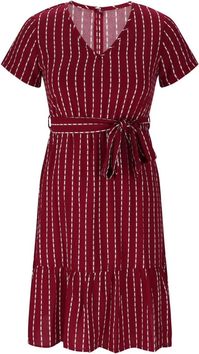 Striped Chiffon Midi Dress for Women Short Sleeve V-Neck Tie Waist Dresses Summer Casual Business Work Office Dress