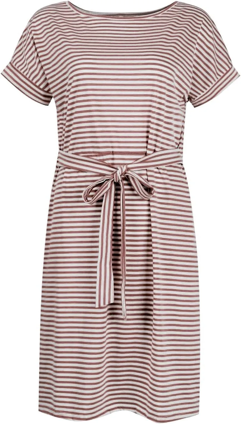 Striped Tshirt Dress Women Tie Strap Front T Shirt Dress with Pockets Summer Crew Neck Short Sleeve Knee Length Dresses