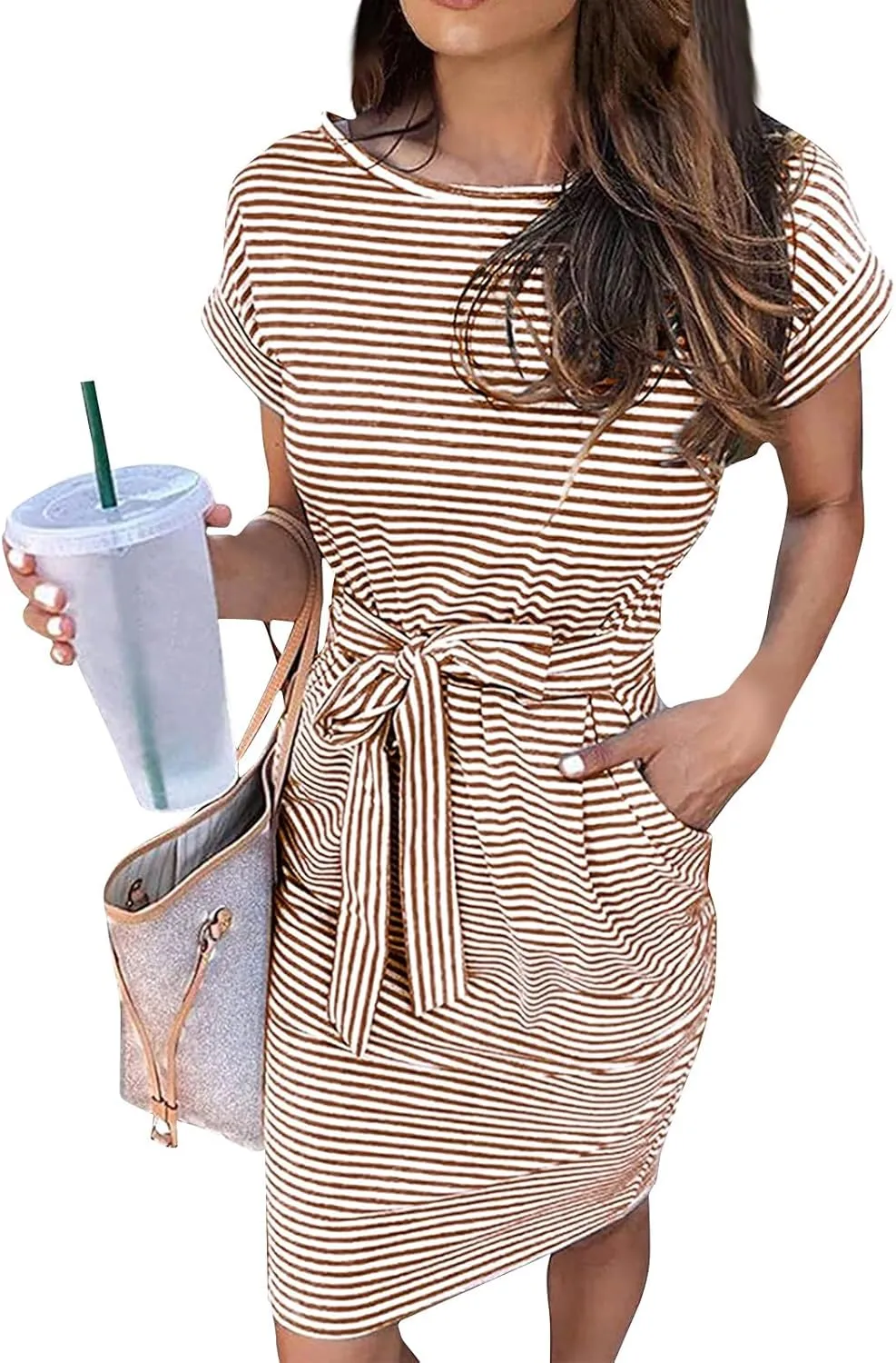 Striped Tshirt Dress Women Tie Strap Front T Shirt Dress with Pockets Summer Crew Neck Short Sleeve Knee Length Dresses